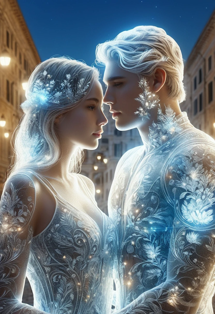 romantic, ( Beautiful teenage white couple in Rome_Detailed facial features, Translucent luminous body, 초realistic ), (romantic_Detailed and accurate hand depiction, delicate features), dynamic colors, street of architecture, Vision, clear sky, (best quality, 8k, 초realistic:1.2), (very detailed, realistic: 1.37), bright background, intricately detailed, amazing, vibrant, fluorescent lamp, shining, bioluminescent body, shining 패턴.
