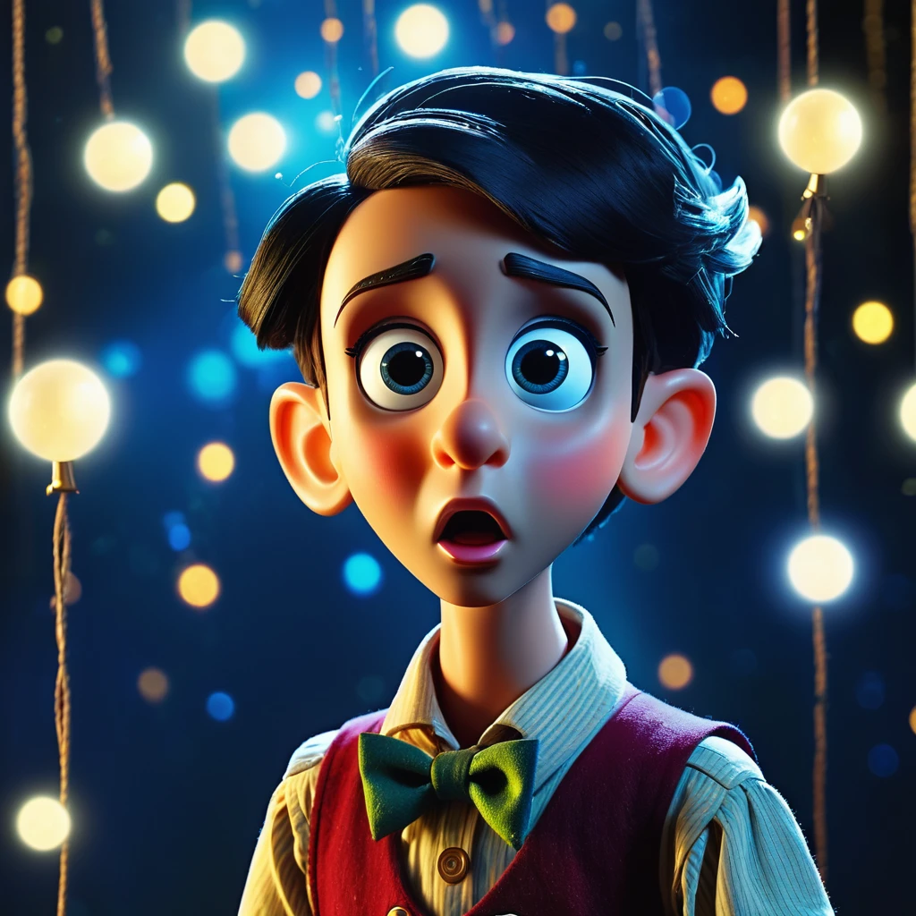 Pinocchio，puppet, fantasy background， particle lights， glowing element， night， surprised look， looking at own long nose，