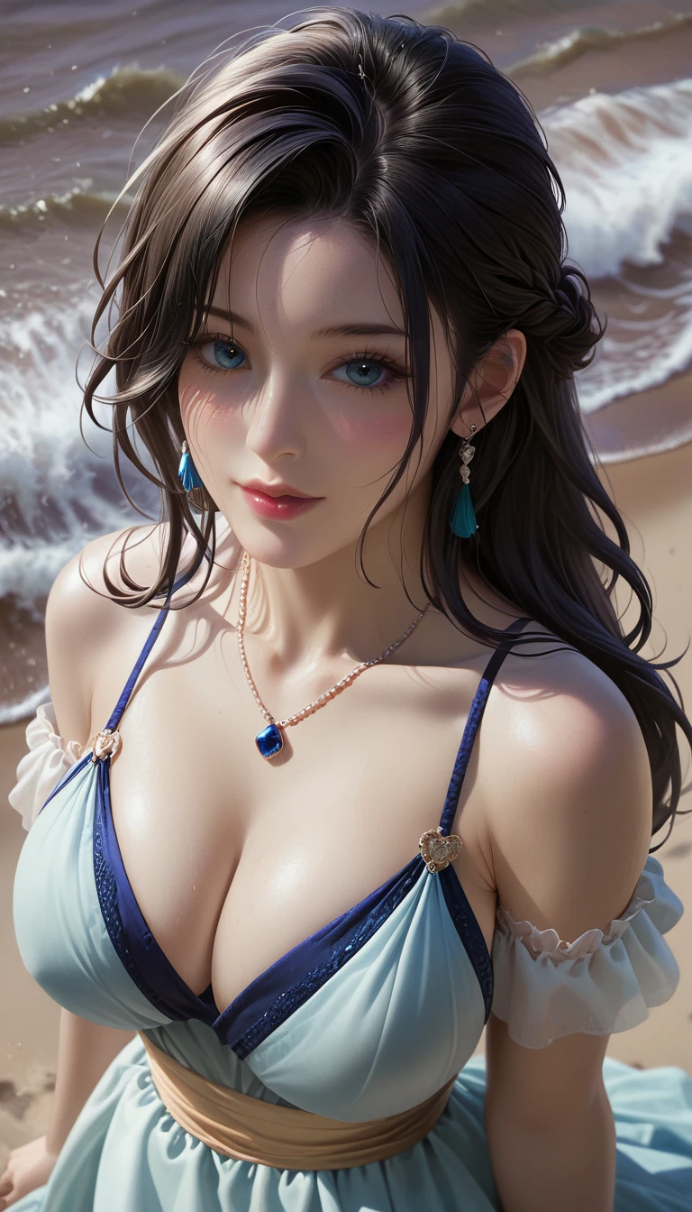score_9, score_8_superior, score_7_superior, Masterpieces with up to 16K resolution,Highest quality,it is really amazing,Very detailed,Ultra-high resolution,Real,Realistic,Increased depth of field,Cinematic lighting,
sexy japanese milf,
Long black hair,(Ultra-detailed and beautiful faces:1.4),Translucent white skin,Very detailedな肌,
(Elegant resort dresses:1.2),
Artistic design,Beautiful and detailed pattern,Detailed fabric texture,
Gorgeous necklace,Earrings,
(Dark beach at night:1.4),(Dark sea surface:1.4),The coast before the storm,
delay々Continuing sandy beach,
(High angle:1.3),