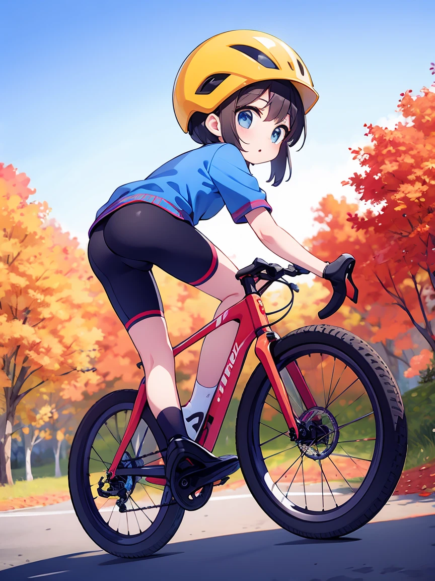 Woman cycling on the autumn plateau、２０age、Bicycle helmet on head、Both feet on the pedals、