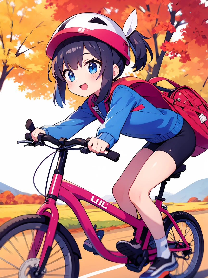 Woman cycling on the autumn plateau、２０age、Bicycle helmet on head、Both feet on the pedals、