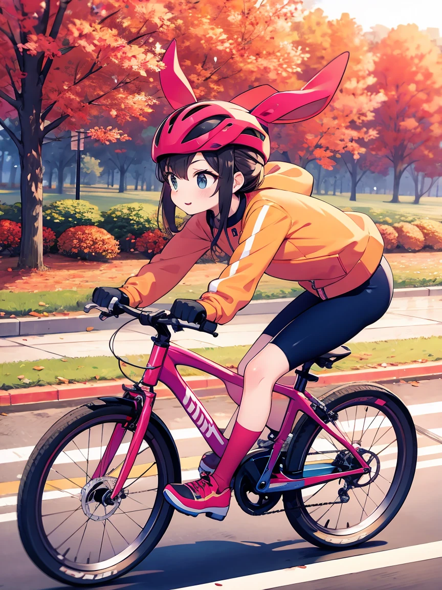 Woman cycling on the autumn plateau、20age、Bicycle helmet on head、Both feet on the pedals、