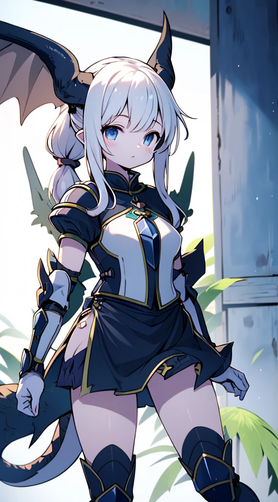 Dragon Girl，knight女孩，穿着knight铠甲的女孩，Breastplate，Skirt Armor，Arm Guard，Leggings，Bare thighs，丝绸Knee socks，Knee socks，White hair，Long hair，Single ponytail hairstyle，Dragon Horn女孩，Dragon Wings，Girl with wings，Dragon Horn，horn，巨Dragon Wings，White Wings，Dragon Tail，巨Dragon Tail，Long Tail，thick tail，Fat Tail，Smooth tail，White Tail，Scales，Scales衣服，knight，knight girl，Close-up above the waist，Upper body close-up，mature body