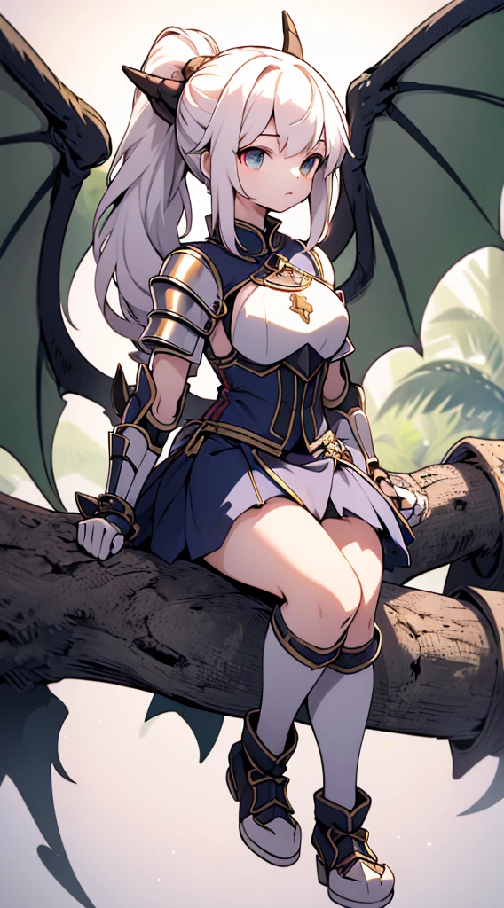 Dragon Girl，knight女孩，穿着knight铠甲的女孩，Breastplate，Skirt Armor，Arm Guard，Leggings，Bare thighs，丝绸Knee socks，Knee socks，White hair，Long hair，Single ponytail hairstyle，Dragon Horn女孩，Dragon Wings，Girl with wings，Dragon Horn，horn，巨Dragon Wings，White Wings，Dragon Tail，巨Dragon Tail，Long Tail，thick tail，Fat Tail，Smooth tail，White Tail，Scales，Scales衣服，knight，knight girl，Close-up above the waist，Upper body close-up，mature body