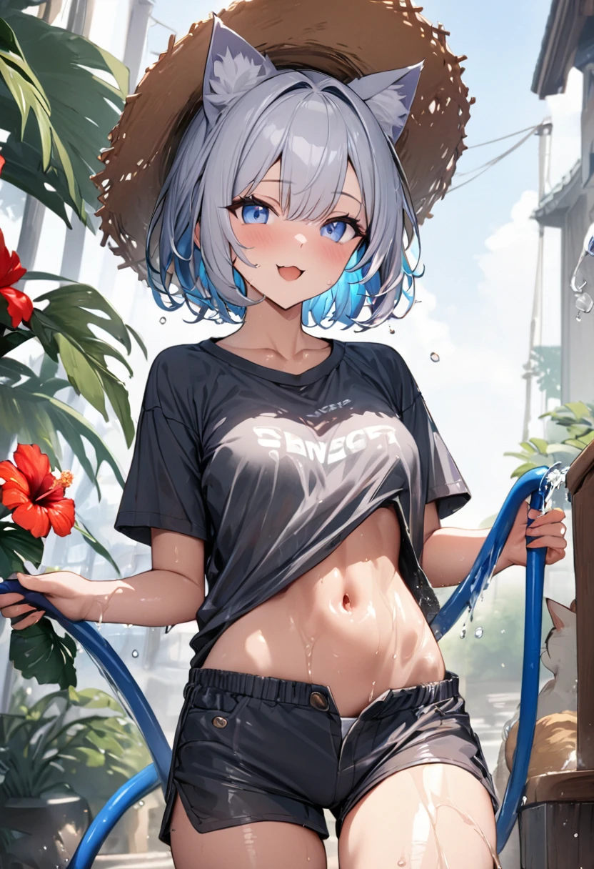 1girl、(((best quality)), ((masterpiece)), (details), masterpiece, best quality, high quality, ulutra detailed, perfect face, ((1girl, Blue eyes, cat ears: 1.3 silver bob hair: 2.5,))、Shiny Hair、Glowing Skin、Happy face、 look、Water Play、Spray with a hose、T-Shirts、Shorts、Straw hat、I can see my toned stomach、Clothes get wet、hibiscus、