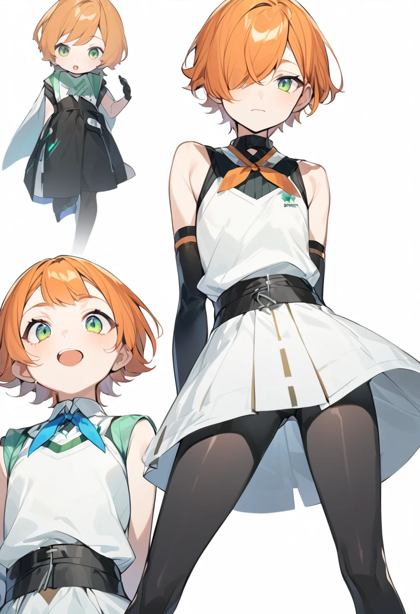 （One girl）、((short hair))、right orange hair、((boyish))、Crossdresser、((Dairy-free))、Healer、black leggings、White sleeveless、black gloves、say、green eye、arm behind back、White Background、