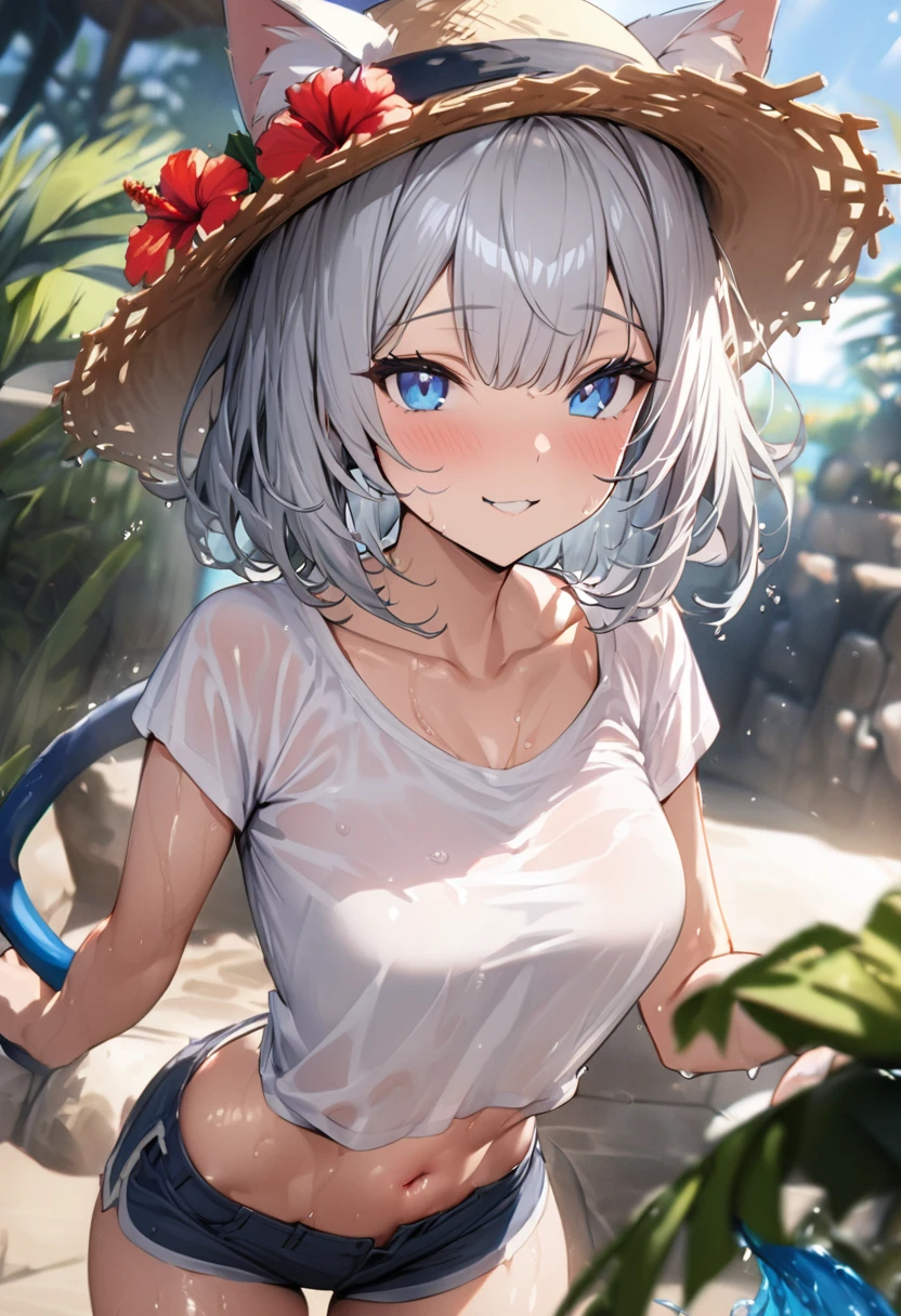 1girl、(((best quality)), ((masterpiece)), (details), masterpiece, best quality, high quality, ulutra detailed, perfect face, ((1girl, Blue eyes, cat ears: 1.3 silver bob hair: 2.5,))、Shiny Hair、Glowing Skin、Happy face、Lustful look、Water Play、Spray with a hose、T-Shirts、Shorts、Straw hat、I can see my toned stomach、Clothes get wet、hibiscus、
