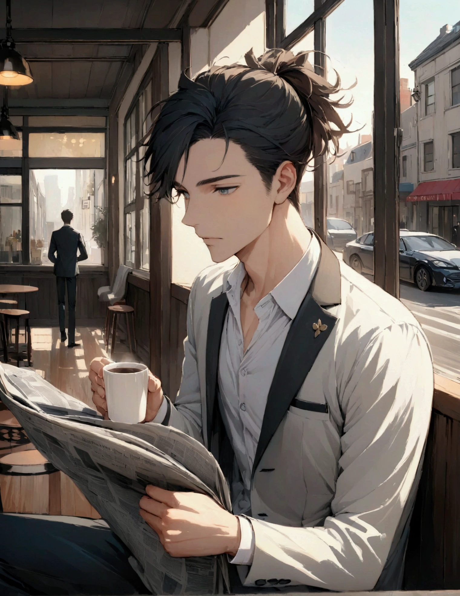 (masterpiece:1.3),(最high quality:1.4),(Very detailedな:1.5),High resolution,Very detailed,8k,artwork,High level of detail,rendering,high quality,Wide range of colors, high quality, elicit amount, Pixiv illustration, Scene depicting a handsome young man sitting by a window in a cafe early in the morning. He is staring at his coffee cup, Feeling the gentle morning light. The young man is dressed in a sophisticated style., With a messy hairstyle, Wearing a stylish blazer and shirt. Beside him, There is an unread newspaper and a smartphone.. outside the cafe window, people々々Busy and on the move, Start of the day, The city is slow々By activating. このシーンは新しいStart of the dayの本質を捉えています, Enjoying a quiet morning with a handsome young man
