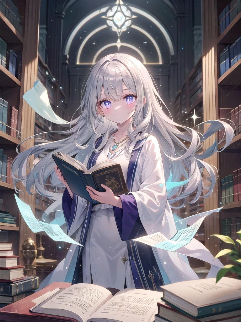 ((8k, best quality, master piece: 1.3)),super high resolution,(1 girl, solo), (colorshift eyes, hyperdetailed, expressive sparkling, glitter, glowing eyes), ultra detailed eyes, ultra-detailed face, random hair, ((pastel color)),A silver-haired woman is reading an ancient book in a magical library. She is wearing a velvet robe embroidered with blue and silver, and in the background there are countless bookshelves and floating books. The robe is engraved with a magical crest and shines as a symbol of knowledge. She has the ancient book open, and a silver necklace shines around her neck. Magical light emanates from the book, softly illuminating her face. Her long wavy silver hair is illuminated by the light from the bookshelves, and her lustrous, translucent skin shines. Her eyes are deep purple, and her eyes are filled with magical power as she absorbs the knowledge from the book. Her concentrated reading is mysterious, and she is depicted as if she is one with the library in the background, A high-tech scene with silver light reflections bouncing off metallic surfaces. The main subject is surrounded by reflective objects that catch and scatter the light, creating a sleek and polished look. The lighting is bright and sharp, accentuating the modern and sophisticated elements of the scene.