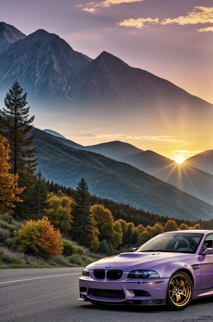 Here you have a detailed description to generate that image with artificial intelligence:

---

**image description:**

The iconic BMW M3 GTR "Need for Speed: Most Wanted" It&#39;s parked on a mountaintop lookout. The car is on its side, showing off its distinctive bodywork and design. Around it, the landscape is impressive, with a panoramic view of rolling mountains and a sprawling valley below.

The sun is in the process of setting, its golden rays filtering between two mountains on the horizon, creating a warm glow that bathes the scene. The sky is painted in orange tones, pink and violet
