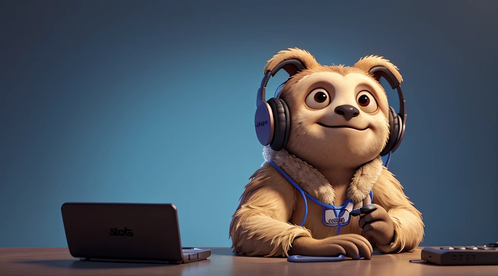 Sloth wearing wireless over-ear headphones,Just a close-up of the head , Ears are listening, No text, Sloth as DJ, Solid background
