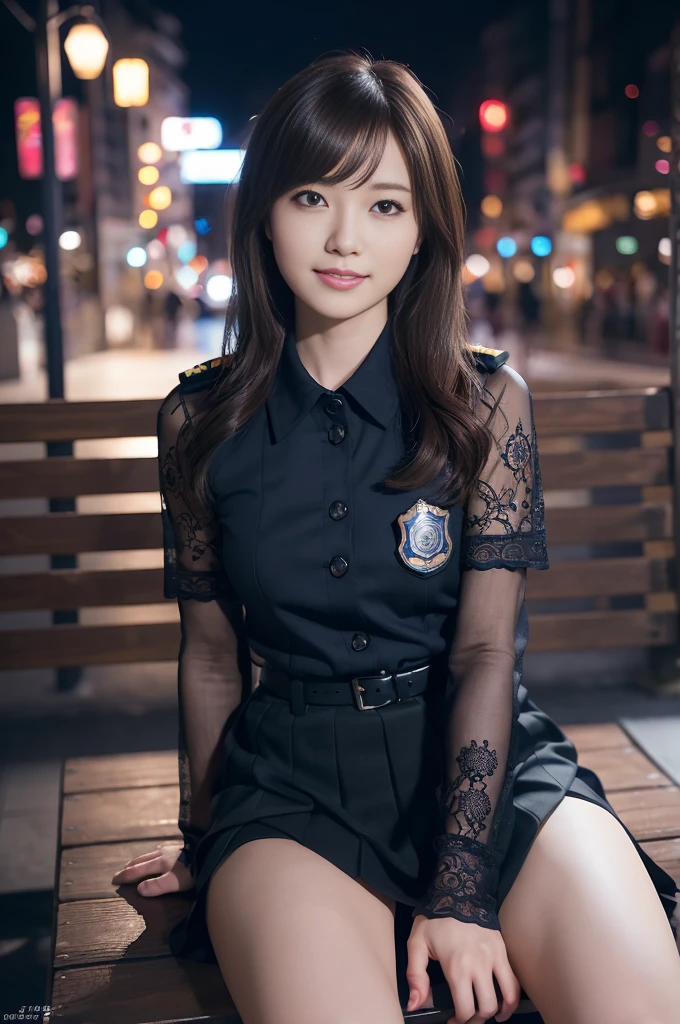 Innocent 20 year old girl、((Japan Police Officer, sexy police uniform, Skirt, Cute and elegant, Dramatic poses)),Smile,night city background,short-cut、Raw photo, (8K、top-quality、​masterpiece:1.2)、(intricate detailes:1.4)、(Photorealsitic:1.4)、octane renderings、Complex 3D rendering ultra detail, Studio Soft Light, Rim Lights, vibrant detail, super detailing, realistic skin textures, Detail Face, Beautiful detail eyes, Very detailed CG Unity 16k wallpaper, make - up, (detailedbackground:1.2), shinny skin, Full body,Hands down、Spread your legs and show your panties,sit on a bench