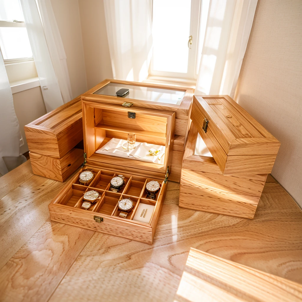 In this cozy room,A ray of sunlight shone through the half-drawn curtains on the table,Let the wood grain on the watch storage box shine with a faint luster。There was a calm and peaceful atmosphere in the air around them。There are several still lifes hanging on the walls of the room,It adds a touch of elegance to the space。And on the other side of the room,The half-open window lets in the breeze,The pages on the small desk by the window turned in the wind,This quiet scene gives a sense of tranquility and comfort。