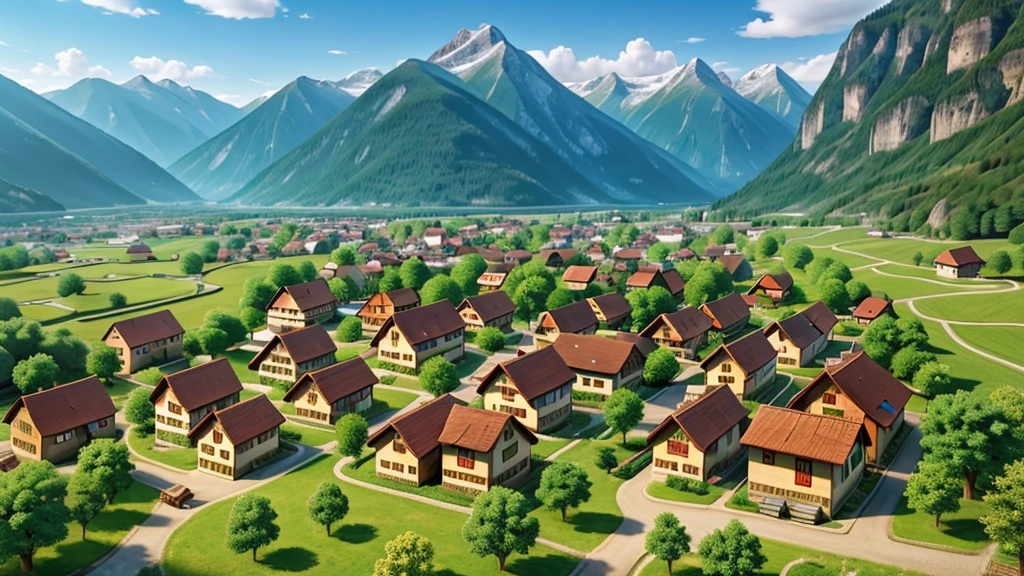 Beautiful scene of ancient Swiss village. Aerial view, Photorealistic photos, High definition.