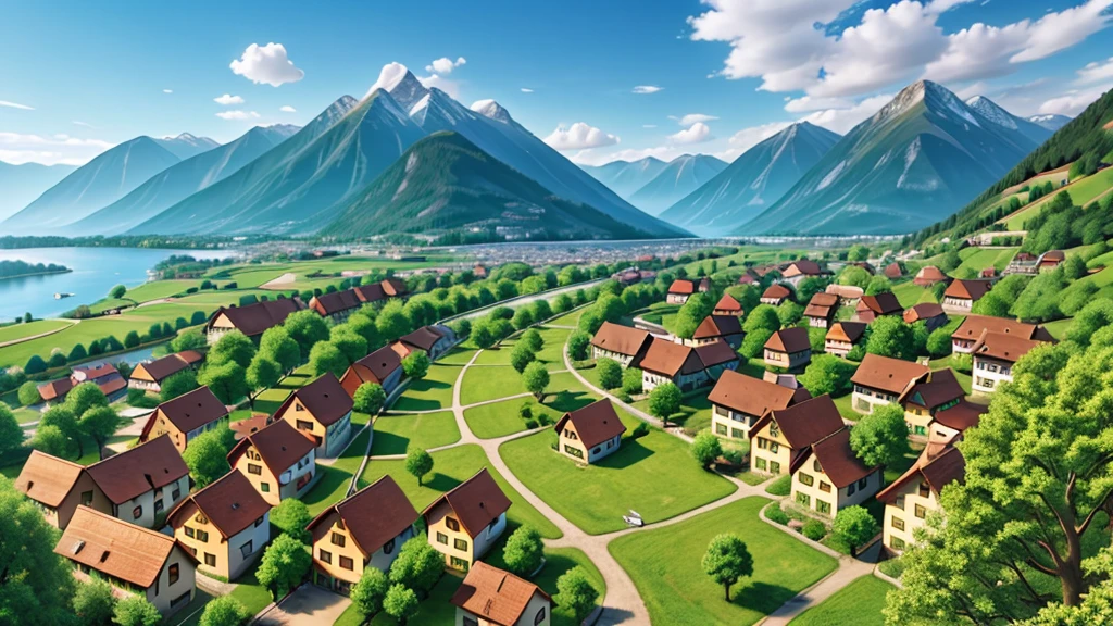 Beautiful scene of ancient Swiss village. Aerial view, Photorealistic photos, High definition.