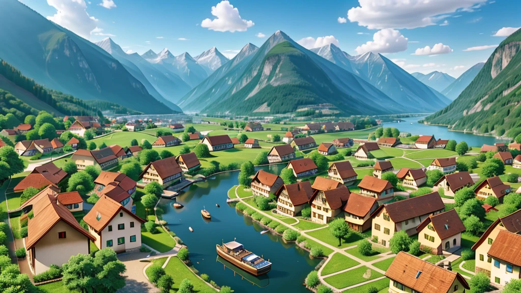Beautiful scene of ancient Swiss village. Aerial view, Photorealistic photos, High definition.