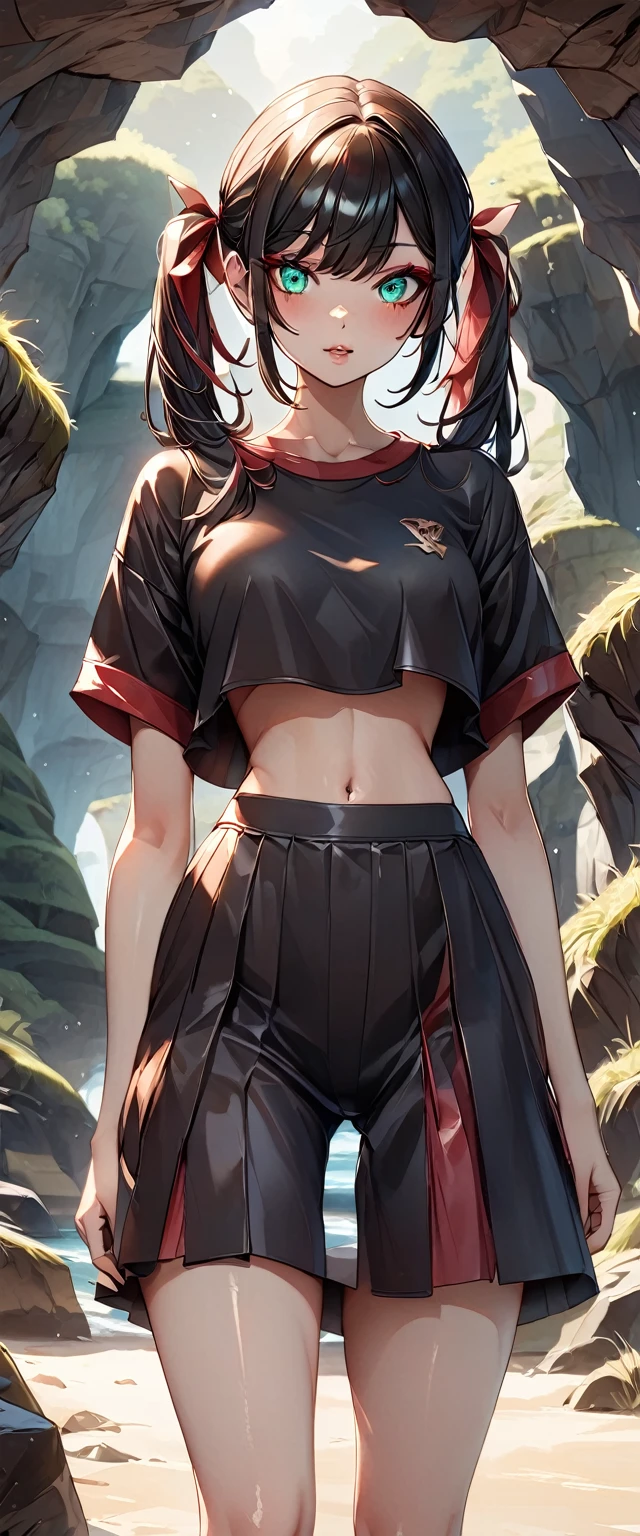 Photo of a girl with natural skin, ((Baby Face)), Round face, A girl wearing mainly black and red, Cowboy Shot, Seaside cave, The light is shining in, High Twintails, Black hair with red mesh, Sharp eyes with red eyeshadow, Blue-green eyes, Shining eyes, A thin, upturned nose, Well-shaped lips, ((crop top overhang, Short sleeve, Black clothes, Thighs, Glamour body)), Makeup, Exquisitely crafted with the utmost attention to detail, Vibrant, amazing, Smooth, Cinematic, 4K, Backlight, (()), Shallow depth of field, ((Detailed eyes:1.3, Detailed lips:1.3, high quality, )), masterpiece, Super detailed images, High quality