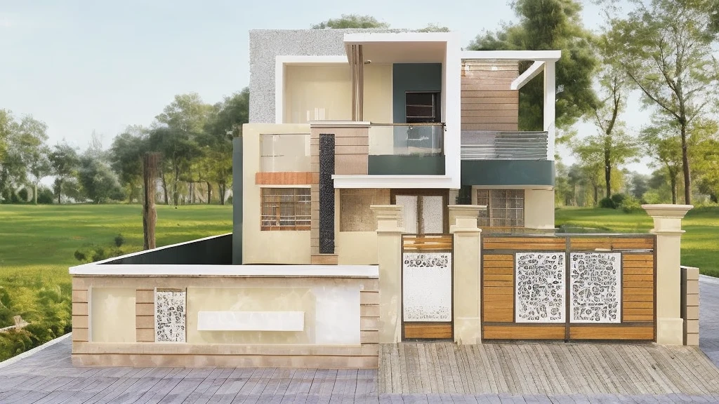 Realistic images, extremely detailed, a modern house, 1 road in font of house, large yard made by ceramic, (1 car), brick fence, lawn, a few small flowers, a road in front of the house, main materials of the house are white walls and red brick, Modern design, clear blue sky, sunrise light, light from inside, dynamic light,shimering light, cinematic light, romantic feeling, (((day light, warm light))), (((warm light indoor 0.5))).