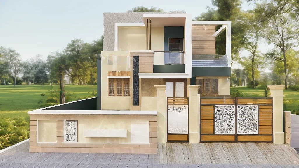 Realistic images, extremely detailed, a modern house, 1 road in font of house, large yard made by ceramic, (1 car), brick fence, lawn, a few small flowers, a road in front of the house, main materials of the house are white walls and red brick, Modern design, clear blue sky, sunrise light, light from inside, dynamic light,shimering light, cinematic light, romantic feeling, (((day light, warm light))), (((warm light indoor 0.5))).