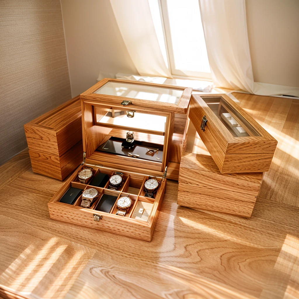 In this cozy room,A ray of sunlight shone through the half-drawn curtains on the table,Let the wood grain on the watch storage box shine with a faint luster。There was a calm and peaceful atmosphere in the air around them。There are several still lifes hanging on the walls of the room,It adds a touch of elegance to the space。And on the other side of the room,The half-open window lets in the breeze,The pages on the small desk by the window turned in the wind,This quiet scene gives a sense of tranquility and comfort。