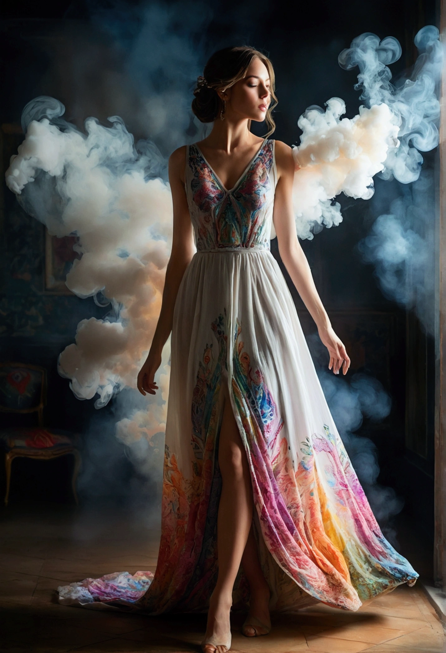 An alluring watercolor picture of a mysterious and beautiful woman, standing in a dimly lit room with light white smoke enveloping her. She wears a stunning, loose-fitting cotton dress adorned with intricate colorful patterns. The camera captures her from a low angle, emphasizing her graceful leg-to-toe silhouette and showcasing her captivating pose. The lighting highlights the vibrant colors of her dress and the delicate smoke, creating a captivating and enchanting atmosphere.