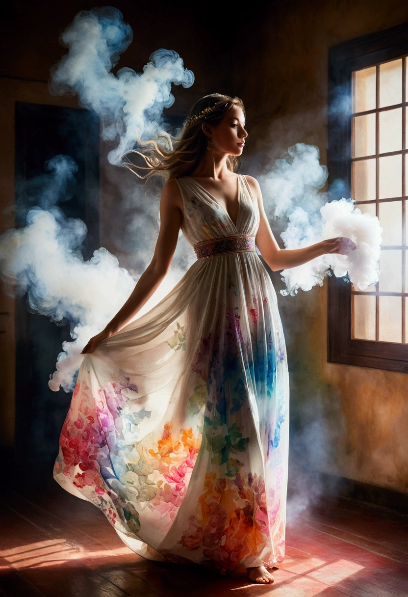 An alluring watercolor picture of a mysterious and beautiful woman, standing in a dimly lit room with light white smoke enveloping her. She wears a stunning, loose-fitting cotton dress adorned with intricate colorful patterns. The camera captures her from a low angle, emphasizing her graceful leg-to-toe silhouette and showcasing her captivating pose. The lighting highlights the vibrant colors of her dress and the delicate smoke, creating a captivating and enchanting atmosphere.