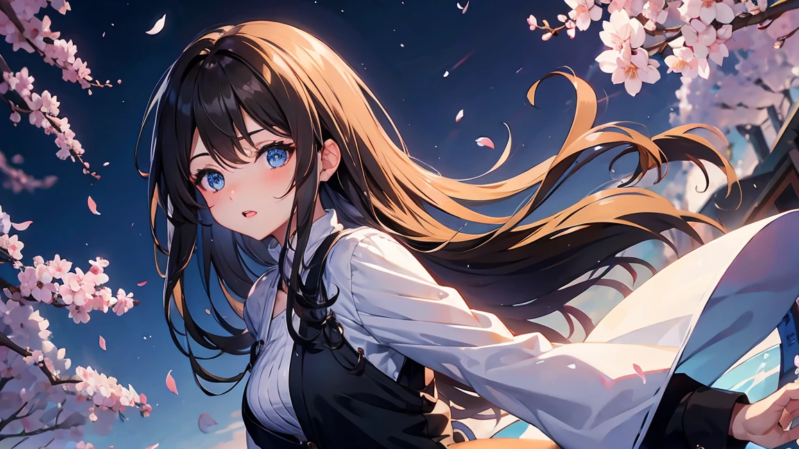 1 female、whole body、bottom angle、brown hair、long hair、well-groomed face、dense lips、Blue eyes、blue cardigan、valley、slim、black shorts、cherry blossoms、cherry blossoms snowstorm、petal、Kyoto、old buildings、night、full moon、masterpiece、ultra high resolution、delicate、perfect lighting、sunlight、16K