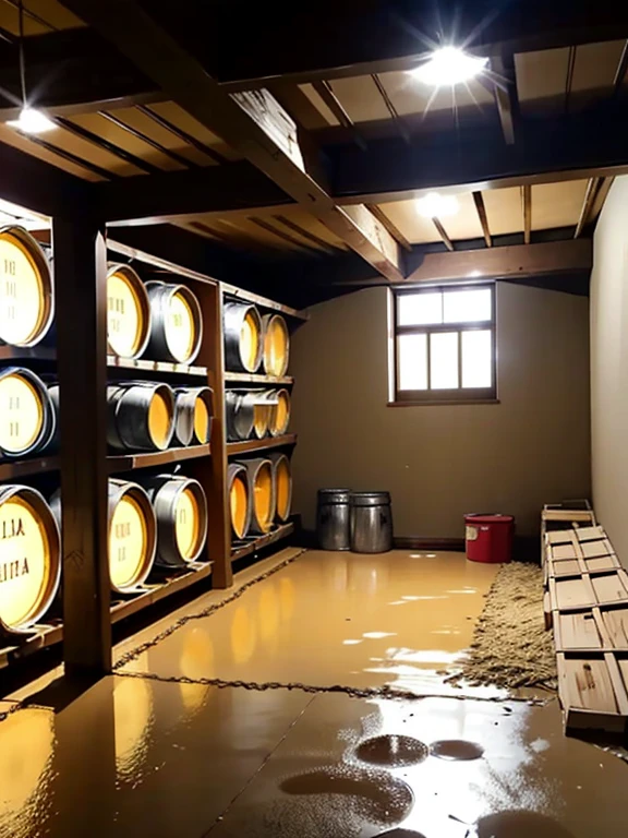 This is the basement of a villa.。This basement is quite dark.,The light from the yellow chandelier。On the left side of the basement are several large barrels used to store oil.,On the right is a pile of canned food.,A bunch of instant noodles。The basement floor is a little dusty.。
