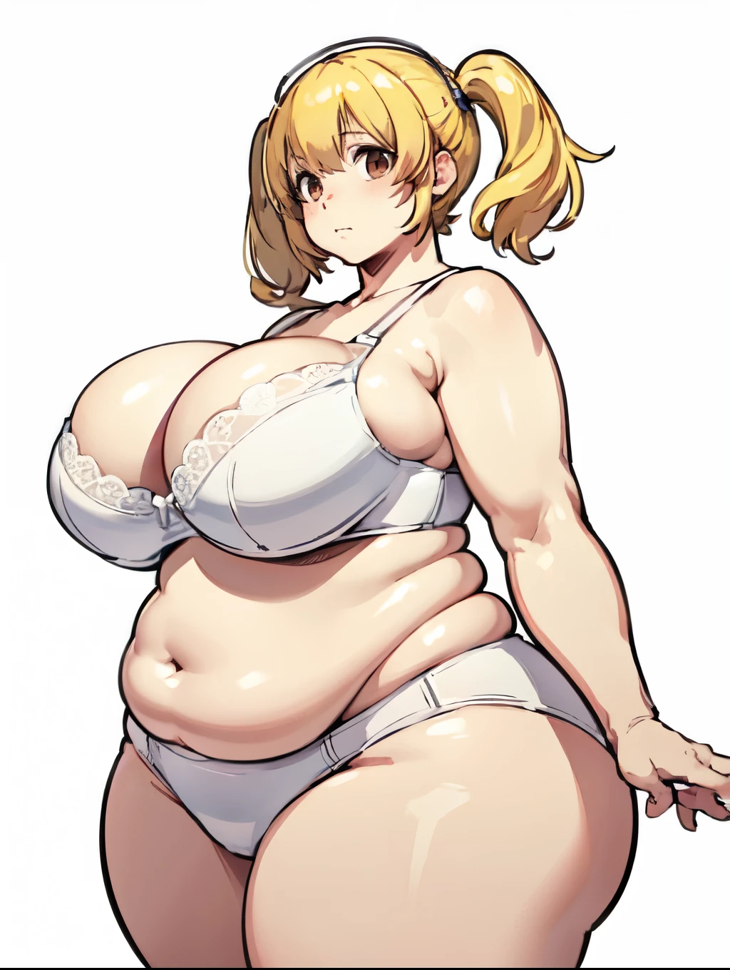 Super Pochaco wearing (nothing but underwear), white panties and a white bra, thick, chubby, thick thighs, large ass, (huge breasts:1), ultra detailed panties, masterpiece, best quality, ultra detailed (simple background, white background:1.6)