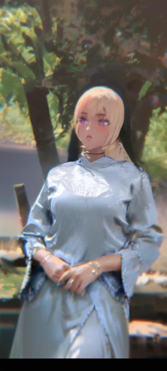 Masterpiece, Very detailed, Ultra-detailed, one beautiful woman, Beautiful woman - pleasant skin, Long platinum hair and bangs on the sides, bright heart eyes, big black hoodie, black thigh socks, skirt, choker necklace,