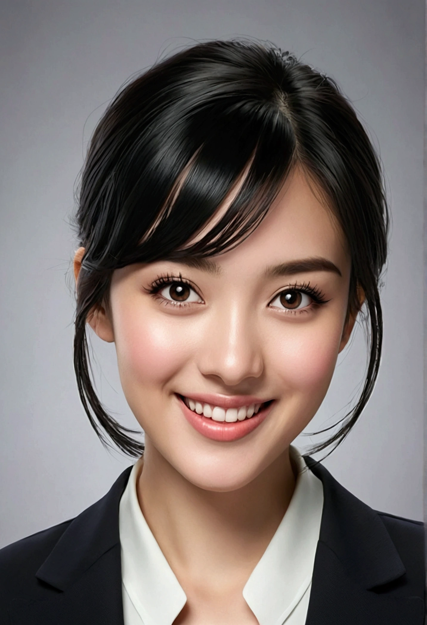 "A highly realistic waist-up image of a young girl facing forward with a radiant smile, large, expressive brown eyes that convey a sense of warmth and approachability, and fair, smooth skin. She has an oval-shaped face with soft, natural makeup, including a light touch of foundation that enhances her flawless complexion, a hint of blush on her cheeks, and a natural lip color that complements her features. Her black hair is styled in a sleek, straight bob with slight inward curves at the ends, framing her face beautifully and giving her a modern and chic appearance. Her eyebrows are well-groomed and slightly arched, enhancing her expressive eyes.

Her expression is cute and cheerful, with a wide, radiant smile that highlights her joyful and friendly demeanor. The slight sparkle in her eyes adds to her charm and vivacity. She is standing on a bustling city street with blurred buildings and people in the background to emphasize her presence. She is wearing a stylish, tailored blue blazer that fits her perfectly, accentuating her shoulders and giving her a professional look. Underneath the blazer, she is wearing a crisp white blouse with a subtle V-neckline, adding a touch of elegance and sophistication. The blouse is neatly tucked in, and the blazer's sleeves are rolled up slightly to reveal a delicate silver bracelet on her right wrist.

Her posture is upright and confident, with her shoulders back and her head held high. The lighting highlights her features, casting a soft glow on her face and creating subtle shadows that add depth to the image. The overall atmosphere is modern and urban, capturing the essence of a young, successful woman in a vibrant city setting. Ensure the girl's face, hair, and cute, smiling expression closely match the provided reference image to achieve the desired realistic and engaging look."