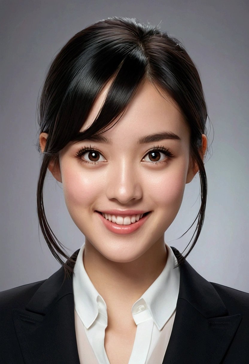 "A highly realistic waist-up image of a young girl facing forward with a radiant smile, large, expressive brown eyes that convey a sense of warmth and approachability, and fair, smooth skin. She has an oval-shaped face with soft, natural makeup, including a light touch of foundation that enhances her flawless complexion, a hint of blush on her cheeks, and a natural lip color that complements her features. Her black hair is styled in a sleek, straight bob with slight inward curves at the ends, framing her face beautifully and giving her a modern and chic appearance. Her eyebrows are well-groomed and slightly arched, enhancing her expressive eyes.
Her expression is cute and cheerful, with a wide, radiant smile that highlights her joyful and friendly demeanor. The slight sparkle in her eyes adds to her charm and vivacity. She is standing on a bustling city street with blurred buildings and people in the background to emphasize her presence. She is wearing a stylish, tailored blue blazer that fits her perfectly, accentuating her shoulders and giving her a professional look. Underneath the blazer, she is wearing a crisp white blouse with a subtle V-neckline, adding a touch of elegance and sophistication. The blouse is neatly tucked in, and the blazer's sleeves are rolled up slightly to reveal a delicate silver bracelet on her right wrist.
Her posture is upright and confident, with her shoulders back and her head held high. The lighting highlights her features, casting a soft glow on her face and creating subtle shadows that add depth to the image. The overall atmosphere is modern and urban, capturing the essence of a young, successful woman in a vibrant city setting. Ensure the girl's face, hair, and cute, smiling expression closely match the provided reference image to achieve the desired realistic and engaging look."