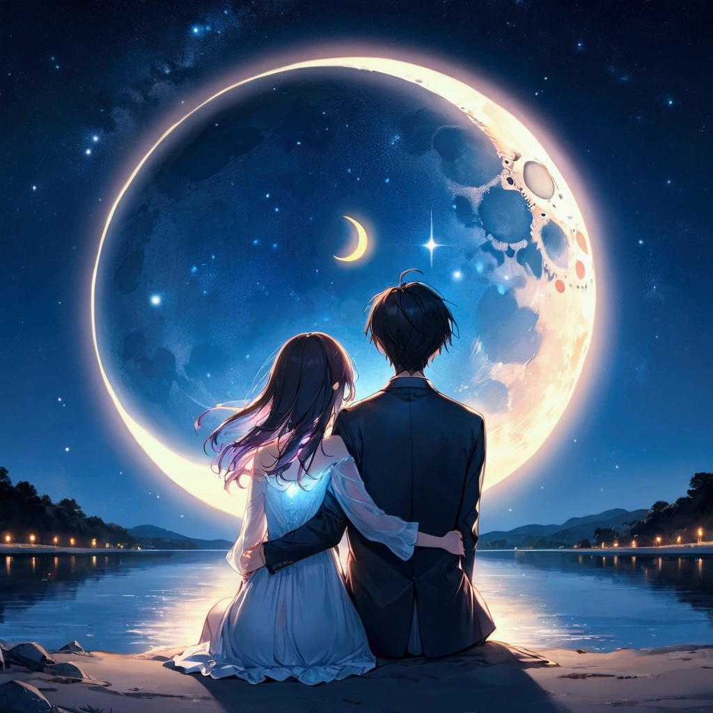 Sit on the moon、Sit shoulder to shoulder、next、Hold hands、Get along、Boys and Girls、8k、Night Sky、Luminous crescent moon、Get along手をつないで座っている、Night Skyの星、firefly、Couple、Back view