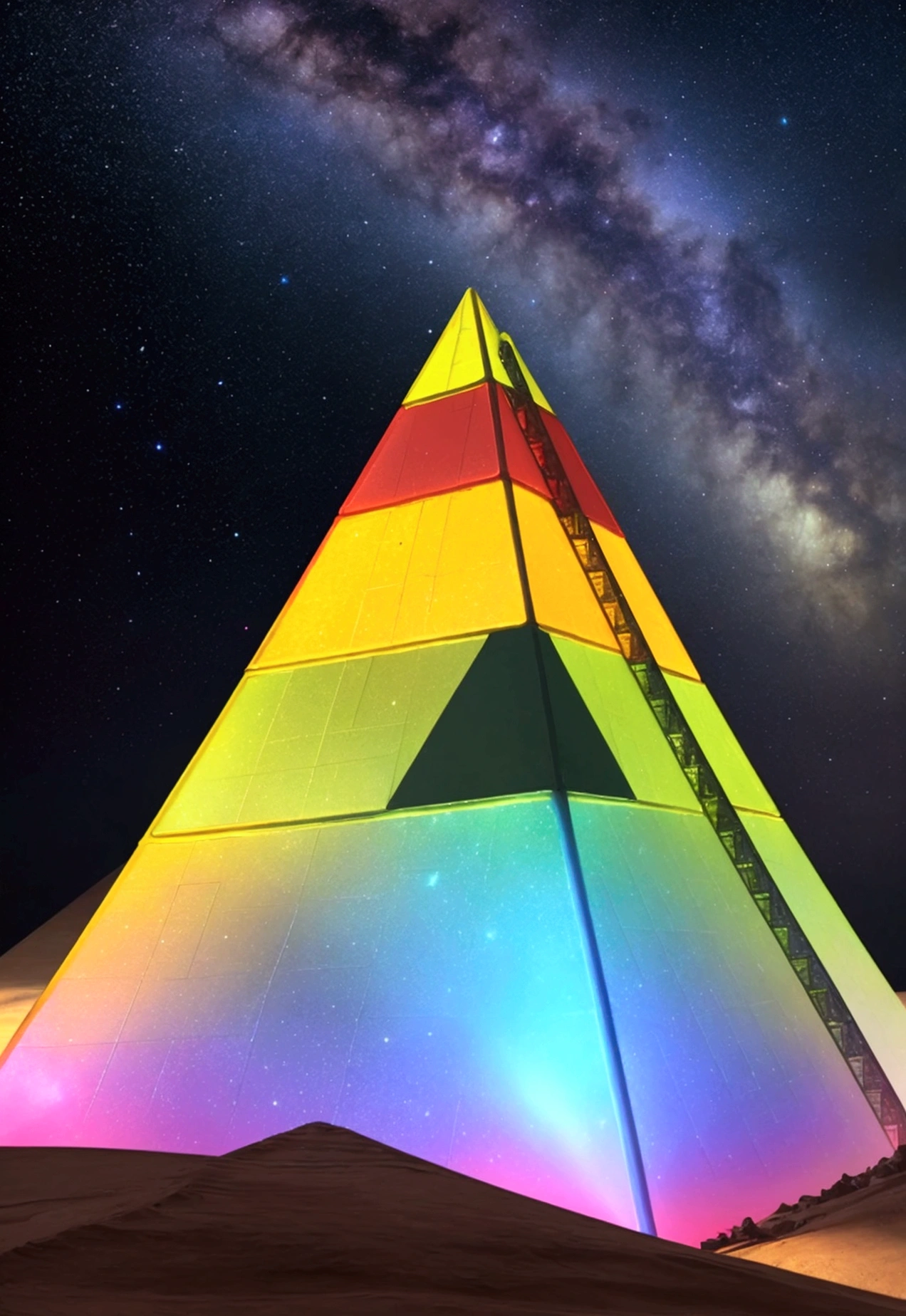 Rainbow-colored pyramids in space，Mysterious and majestic space，happiness，Lucky，A clear contrast between light and dark，High-definition, realistic depiction．