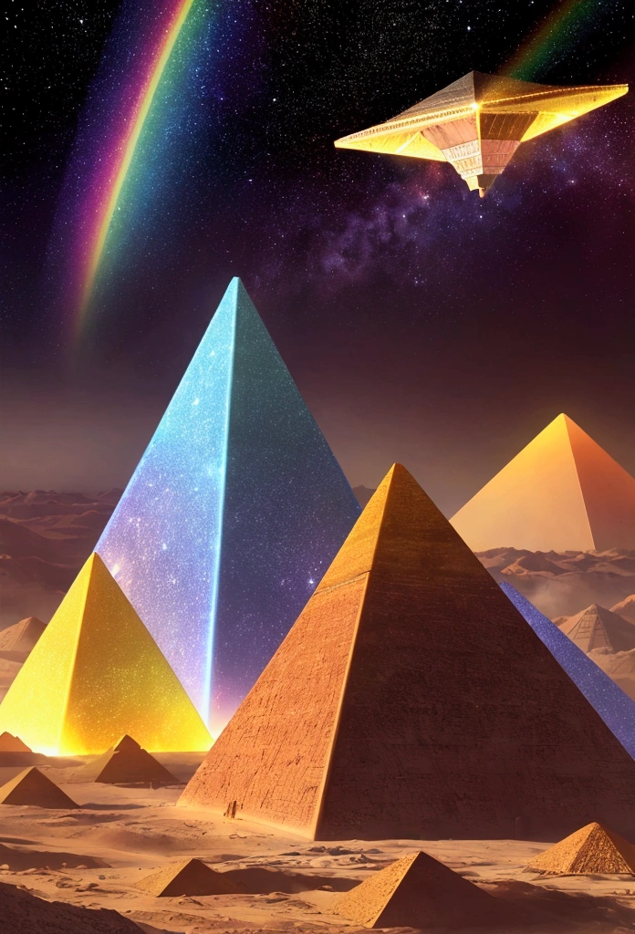 Rainbow-colored pyramids in space，Mysterious and majestic space，happiness，Lucky，A clear contrast between light and dark，High-definition, realistic depiction．