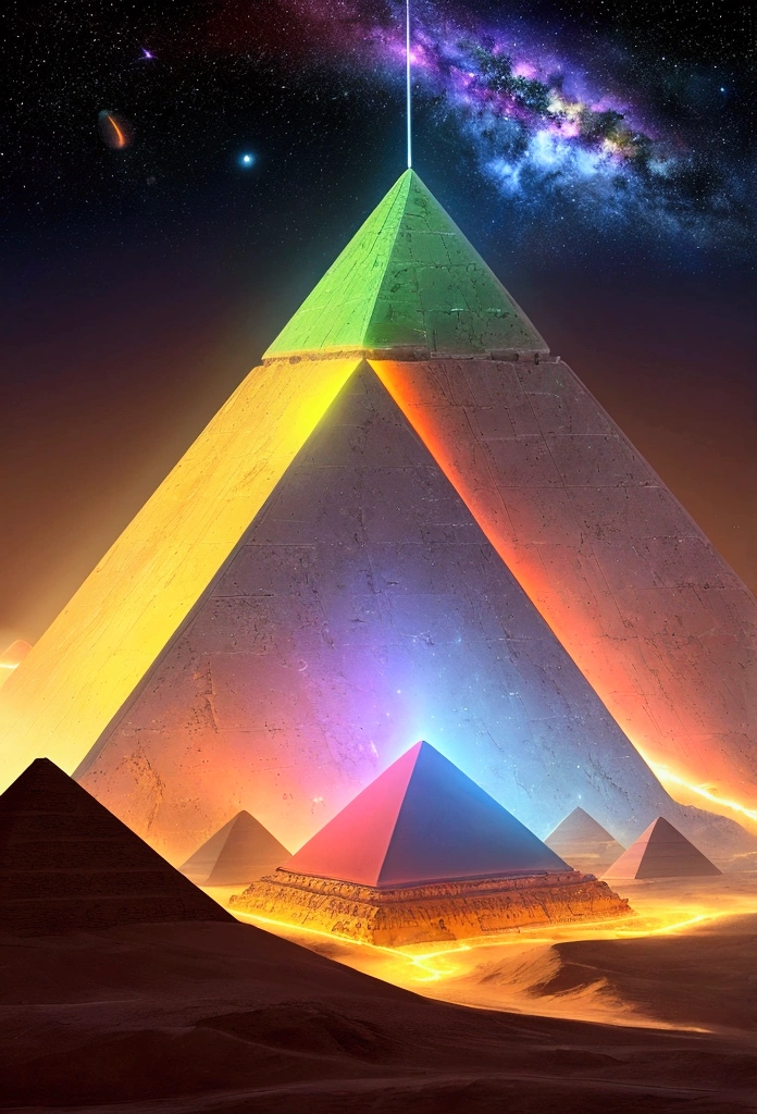 Rainbow-colored pyramids in space，Mysterious and majestic space，happiness，Lucky，A clear contrast between light and dark，High-definition, realistic depiction．