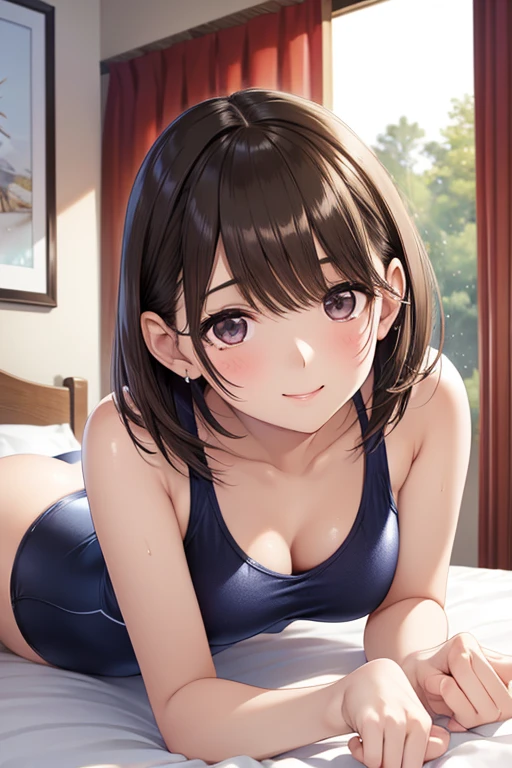 anegasaki nene、Shiny brown hair, short hair, (Beautiful brown eyes、Sparkling eyes, Fine grain)、smile、Ultra-detailed eyes、非常にDetailed face, Very detailed目,



masterpiece, Highest quality, Highest quality, Beautiful and aesthetic:1.2), Very detailed, Detailed clothing, Detailed clothing, Detailed face, 

Girl in competitive swimsuit、whole body、Bedroom、Shortcuts、Lie down and seduce me