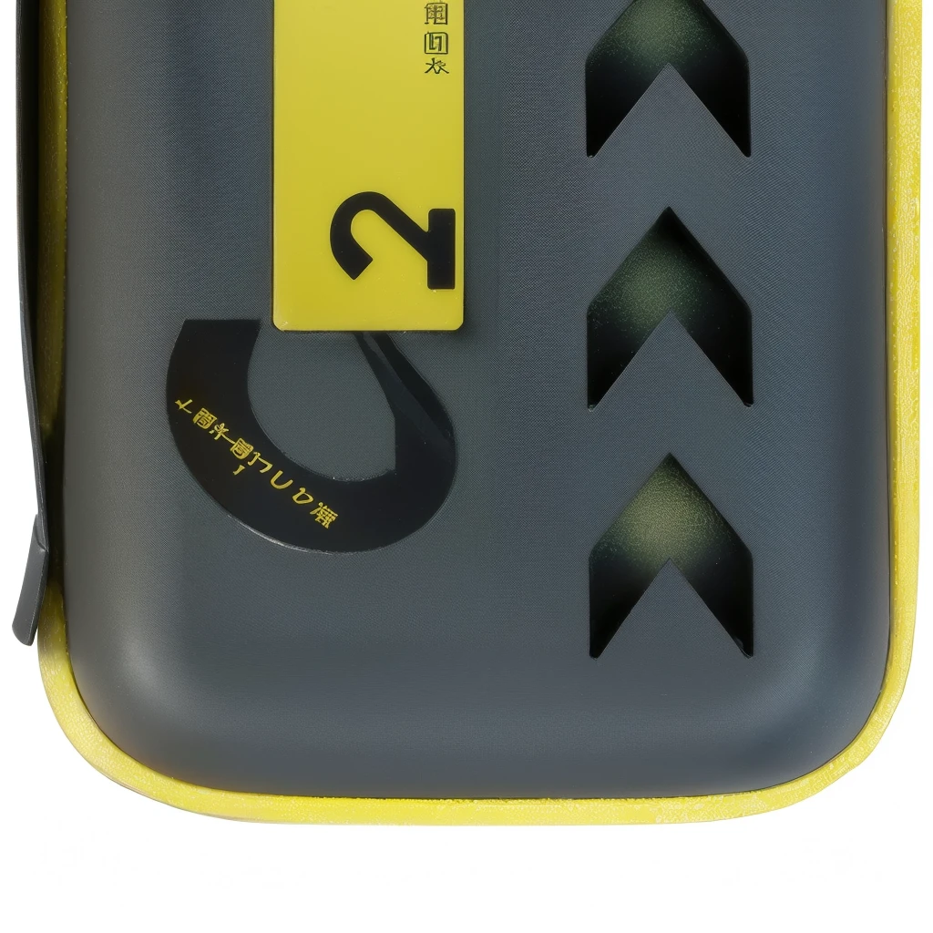 The grey box has a yellow label on it,With black and pattern, close up产品照片, Bottom View, Portraitc 1 2. 0, Portrait c 12.0, detailed产品照片, High-detail product photos, detailed, close up, close up视图, Official product photos, Side View, Bottom View, Graphic details