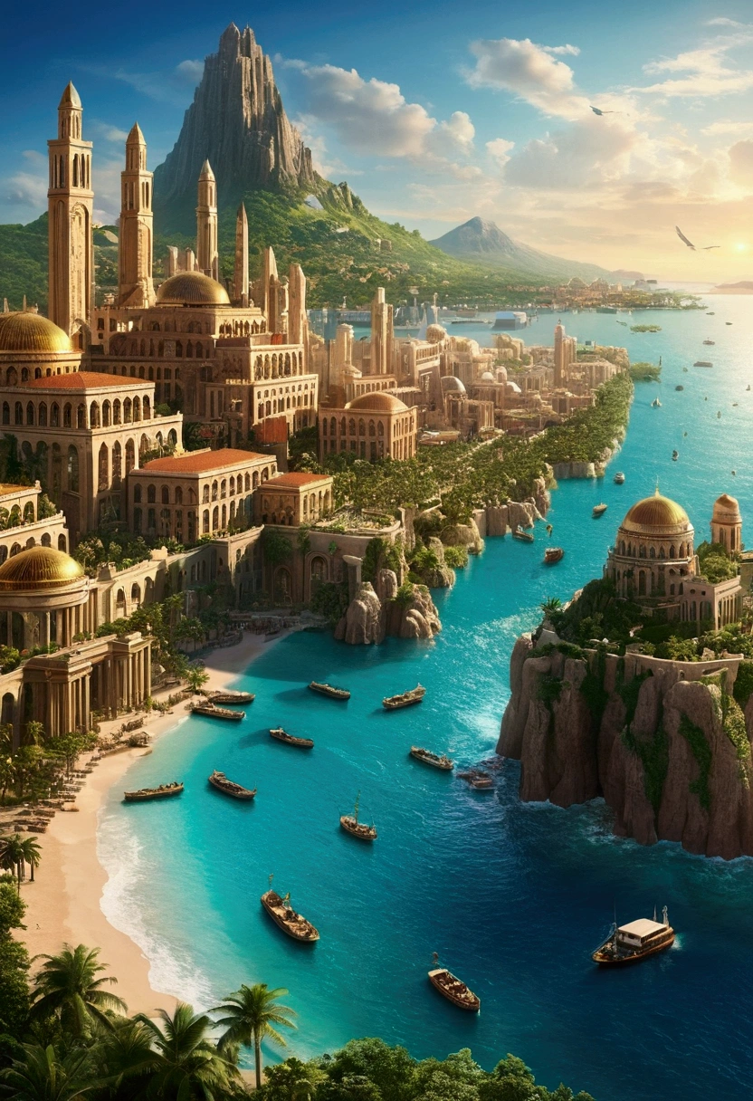 "Depict the legendary city of Atlantis at its peak: A great continent lies beyond the Pillars of Hercules, full of magnificent architecture and advanced technology. The city appears with its majestic towers and luxurious palaces, surrounded by canals of water flowing around it. The streets are full of elegantly dressed people, and the markets are bustling with life and commercial activity. In the background, there is a lush landscape, with green mountains and gorgeous beaches. The sky is clear, and the city sparkles with magical lights, reflecting luxury and advanced civilization. The calm waves add to the aesthetic view of the city, making Atlantis look like a paradise on Earth."