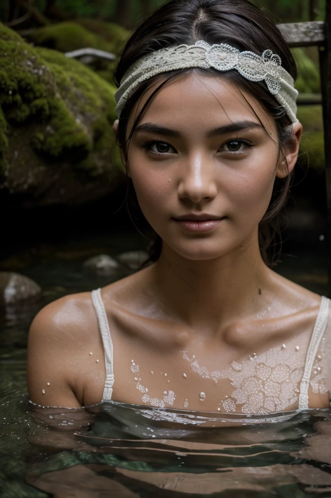 Best Quality, masterpiece, super high resolution, A super model submerged in hot springs in Japan., outdoor hot springs, stone hot springs, surrounded by moss and trees, super beautiful face, pure body, clear pores visible, (smile:0.8), using division (lace headband:1.2), (Realism:1.5), Photo original, soaked body, covered in sweat, bare shoulders, In the dark, deep shadows, low key, cold light