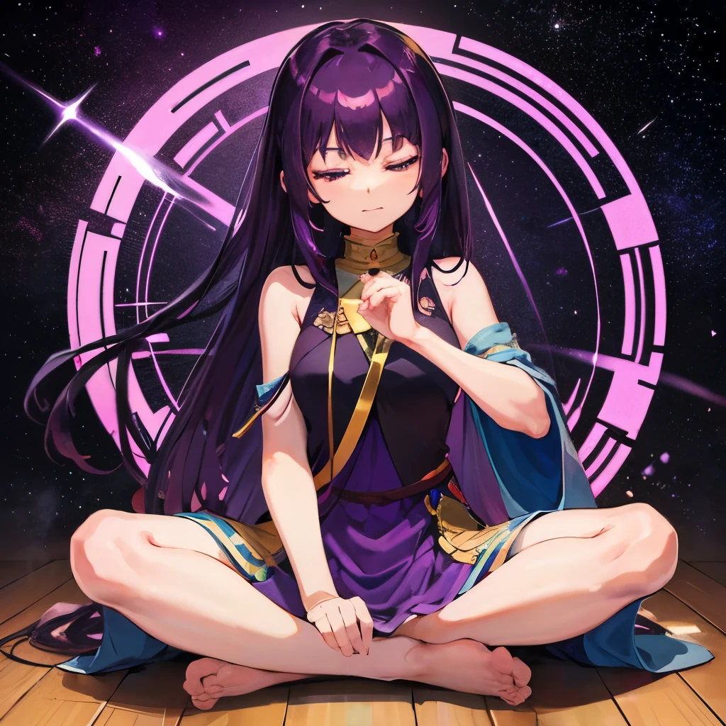 Gemstones Space Background Zazen on the floor Long purple hair Purple Eyes Purple Dress Girl Eyes closed