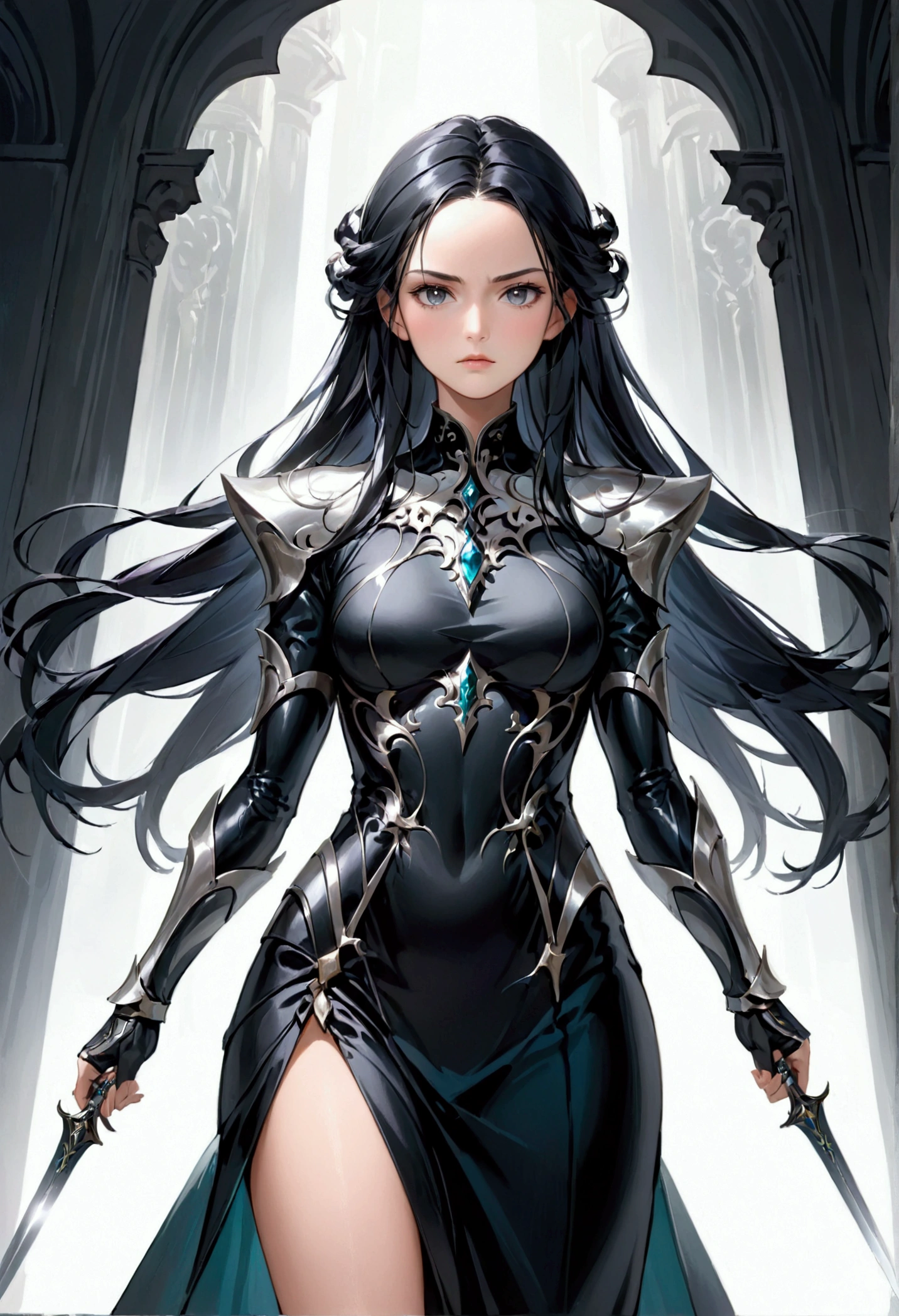 Mature Girl with long black hair with silver highlight, dark onyx eyes,tall rectangular body figure, elegant dress.