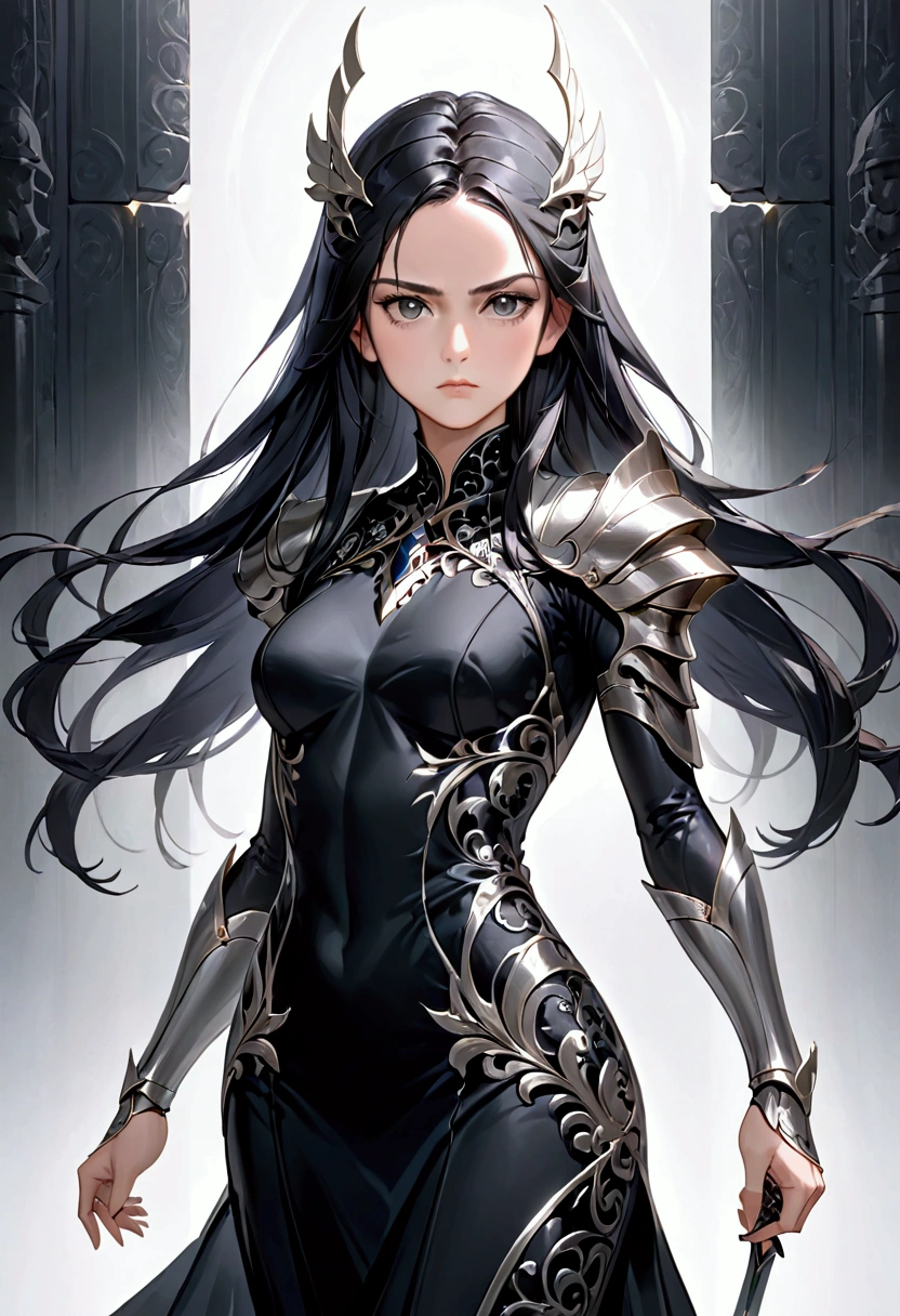 Mature Girl with long black hair with silver highlight, dark onyx eyes,tall rectangular body figure,serious face,elegant warrior dress