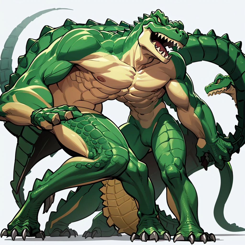 (Full body character concept、group)、Best illustrations、Best Quality、((((No humans)))), reptiles,, green body, Baby Crocodile Man,,、Combat Stance、(Crocodile scales)、front、(White background)