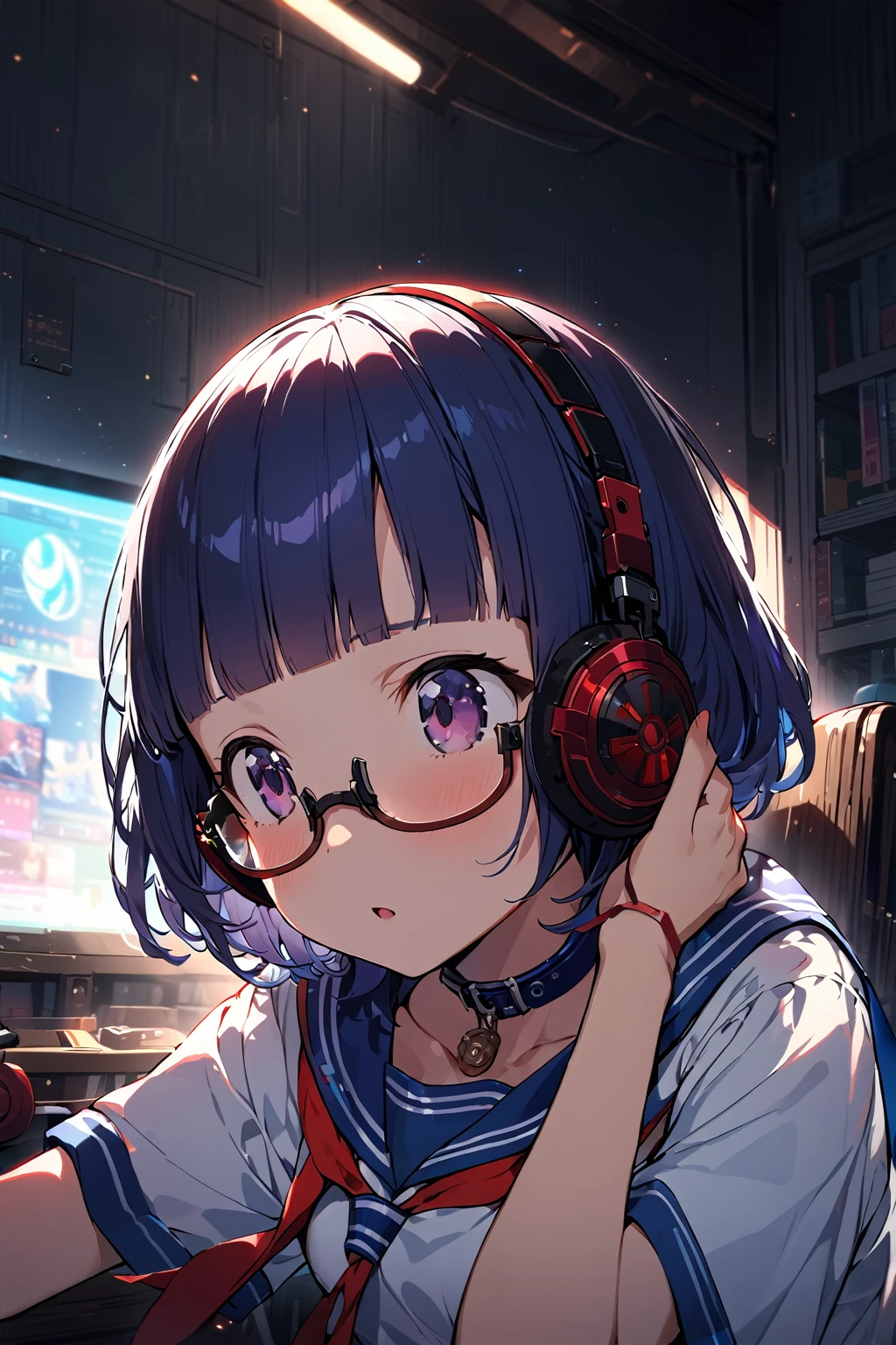 (extremely detailed fine touch:1.3), (((semi-rimless eyewear:1.3))), (headphone:1.2), short hair, blunt bangs, 1 girl came out of TV, sailor suit, dark blue collar, white shirts, short sleeve, red ribbon, indoor, darkness,