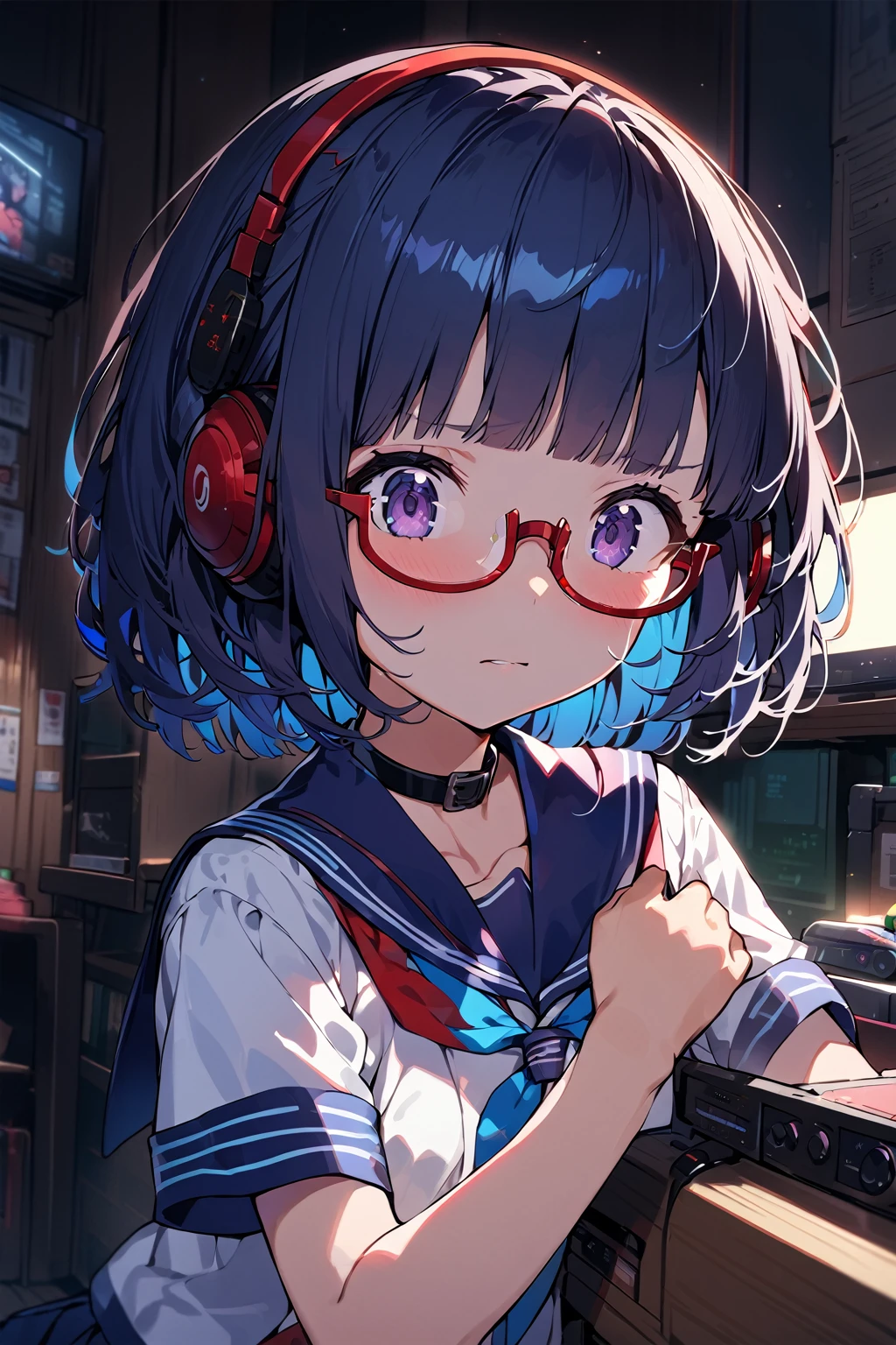 (extremely detailed fine touch:1.3), (((semi-rimless eyewear:1.3))), (headphone:1.2), short hair, blunt bangs, 1 girl came out of TV, sailor suit, dark blue collar, white shirts, short sleeve, red ribbon, indoor, darkness,
