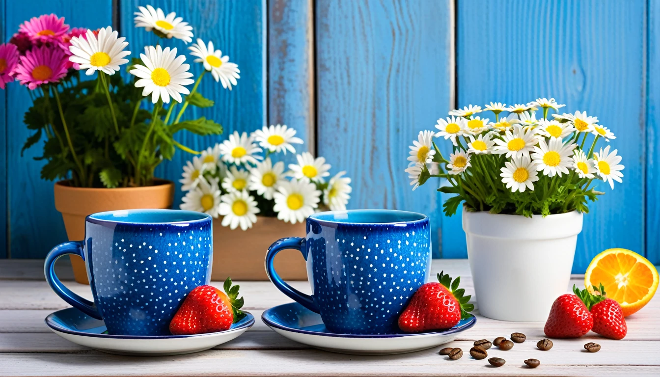 create a picture featuring two blue ceramic mugs with an speckled design, one placed on a saucer. The mugs are placed on a blue wooden surface surrounded by lots of flowers in flower pots, the flowers are orange and pink daisy-like, some in bloom and some still in bud. Surrounding the mugs are many fresh strawberries and coffee beans, adding to the rustic and cozy atmosphere. In the background, there is a blurring effect that shows more colorful flowers and a blue wooden background, all bathed in warm light that gives off an alluring glow.