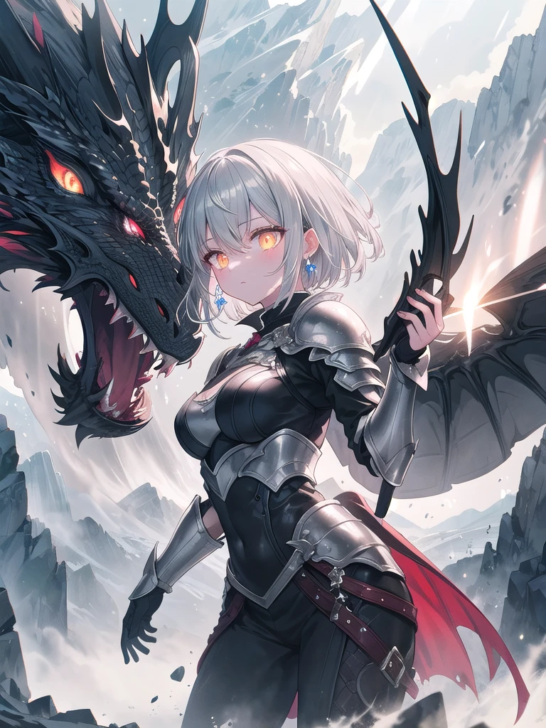 ((8k, best quality, master piece: 1.3)),super high resolution,(1 girl, solo), (colorshift eyes, hyperdetailed, expressive sparkling, glitter, glowing eyes), ultra detailed eyes, ultra-detailed face, random hair, ((pastel color)),A silver-haired woman faces a dragon in the misty mountains. She is wearing leather battle armor embroidered with black and red, and the background is a rugged mountain range covered in mist. The armor is made of a sturdy material suitable for battle, and prioritizes ease of movement. She looks into the dragon's eyes, and her silver accessories shine as they reflect the light. Magical light surrounds her, spreading out as if cutting through the mist. Her short silver hair sways in the wind, and her shiny skin is beautiful in the mist. Her sharp golden eyes, filled with magical power, show the tension of facing the dragon. The mountains and fog in the background create a fantastic atmosphere, A mystical scene shrouded in soft, glowing mist. The light filters through the mist, creating ethereal beams and diffused highlights. The environment feels otherworldly and serene, with the mist adding an element of mystery and enchantment.A high-tech scene with silver light reflections bouncing off metallic surfaces. The main subject is surrounded by reflective objects that catch and scatter the light, creating a sleek and polished look. The lighting is bright and sharp, accentuating the modern and sophisticated elements of the scene.