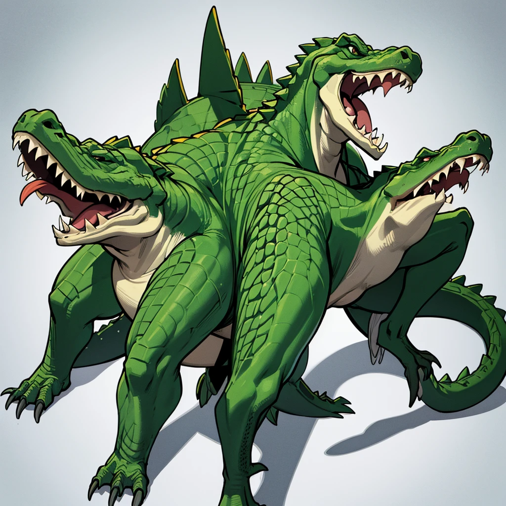 (Full body character concept、group)、Best illustrations、Best Quality、((((No humans)))), reptiles,, green body, Crocodile human, Muscular,、Combat Stance、(Crocodile scales)、From above、front、(White background)