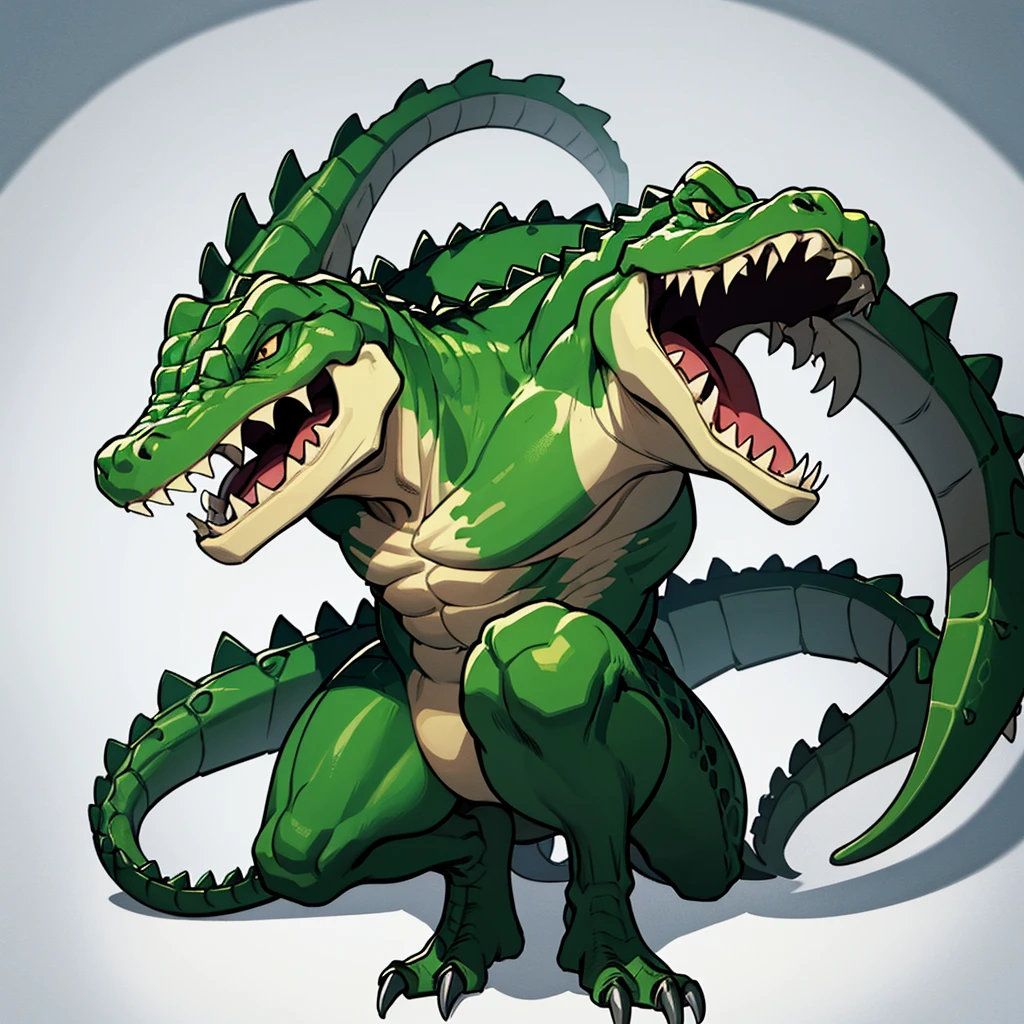 (Full body character concept、group)、Best illustrations、Best Quality、((((No humans)))), reptiles,, green body, Crocodile human, Muscular,、Combat Stance、(Crocodile scales)、From above、front、(White background)